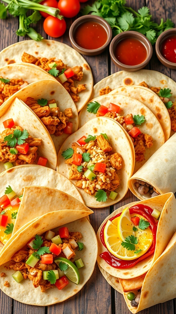 A variety of tortilla dishes including tacos, quesadillas, and burritos on a wooden table with fresh ingredients.